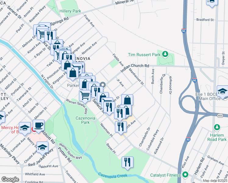 map of restaurants, bars, coffee shops, grocery stores, and more near 31 Hillside Avenue in Buffalo