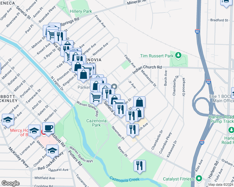 map of restaurants, bars, coffee shops, grocery stores, and more near 31 Hillside Avenue in Buffalo