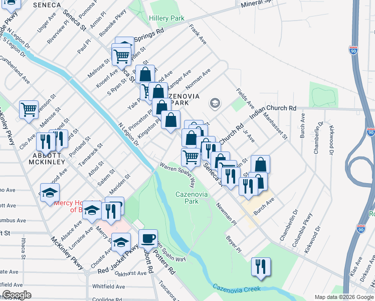 map of restaurants, bars, coffee shops, grocery stores, and more near 26 Seneca Parkside in Buffalo