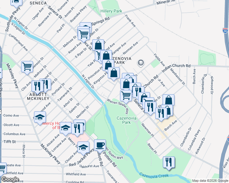 map of restaurants, bars, coffee shops, grocery stores, and more near 26 Seneca Parkside in Buffalo