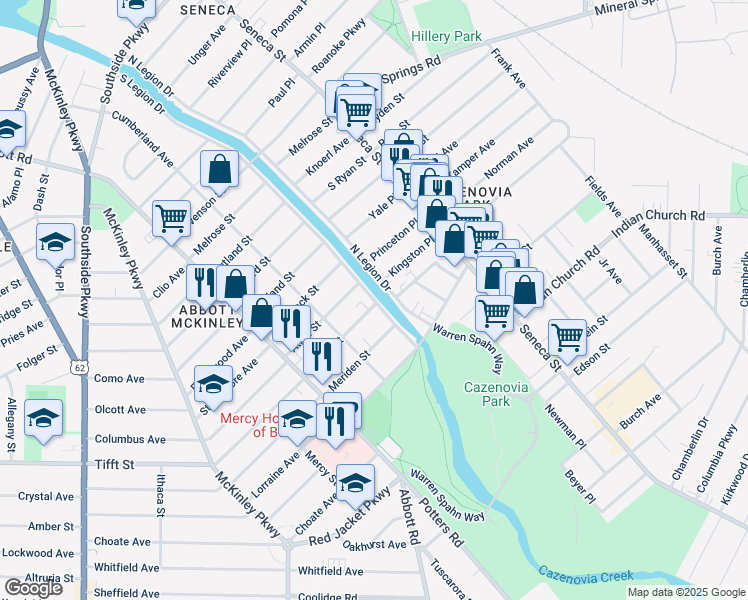 map of restaurants, bars, coffee shops, grocery stores, and more near 92 Salem Street in Buffalo