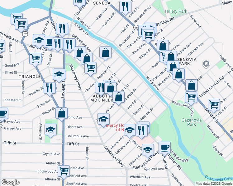 map of restaurants, bars, coffee shops, grocery stores, and more near 21 Portland Street in Buffalo
