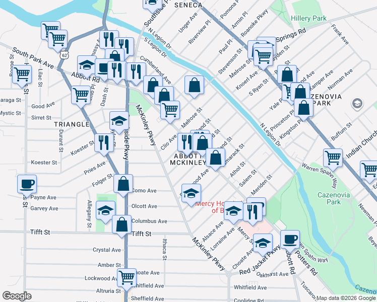 map of restaurants, bars, coffee shops, grocery stores, and more near in Buffalo