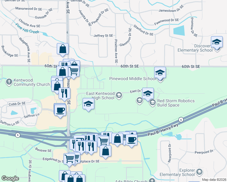 map of restaurants, bars, coffee shops, grocery stores, and more near 6136 Campus Park Drive Southeast in Kentwood