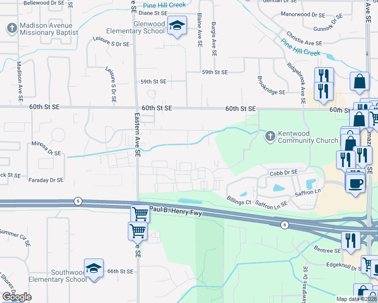 map of restaurants, bars, coffee shops, grocery stores, and more near 985 61st Street Southeast in Grand Rapids