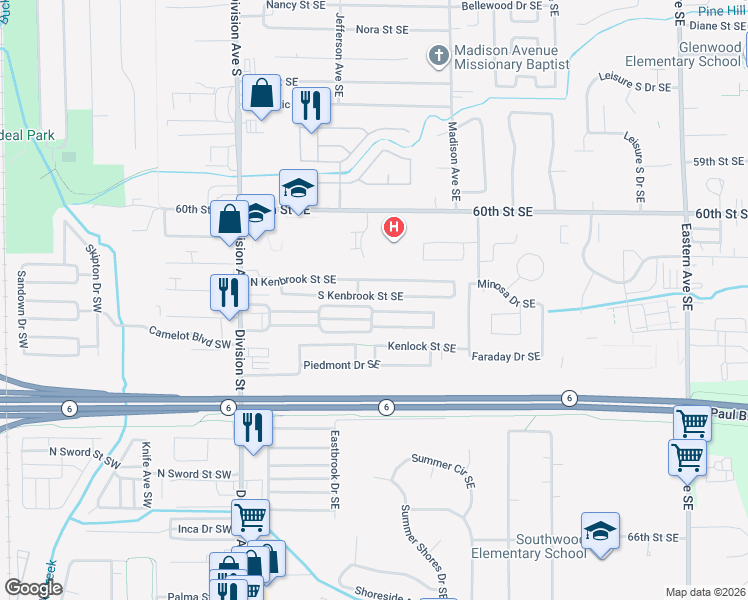 map of restaurants, bars, coffee shops, grocery stores, and more near 226-398 South Kenbrook Street Southeast in Grand Rapids