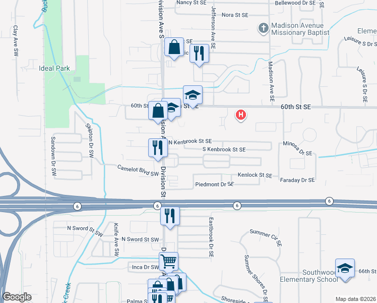 map of restaurants, bars, coffee shops, grocery stores, and more near 101-199 N Green Meadow St SE in Grand Rapids