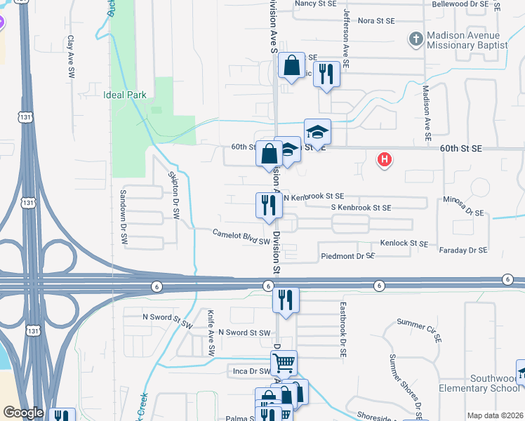 map of restaurants, bars, coffee shops, grocery stores, and more near 62 Peony Street Southwest in Grand Rapids