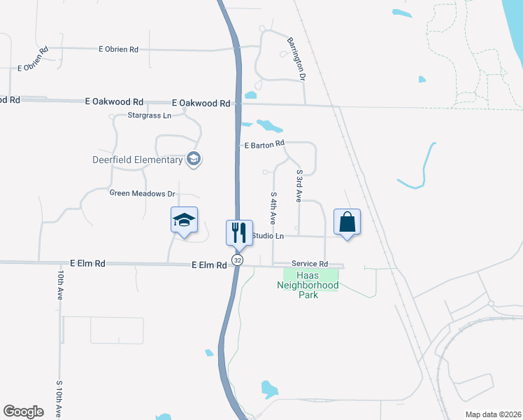 map of restaurants, bars, coffee shops, grocery stores, and more near 10563 South 4th Avenue in Oak Creek