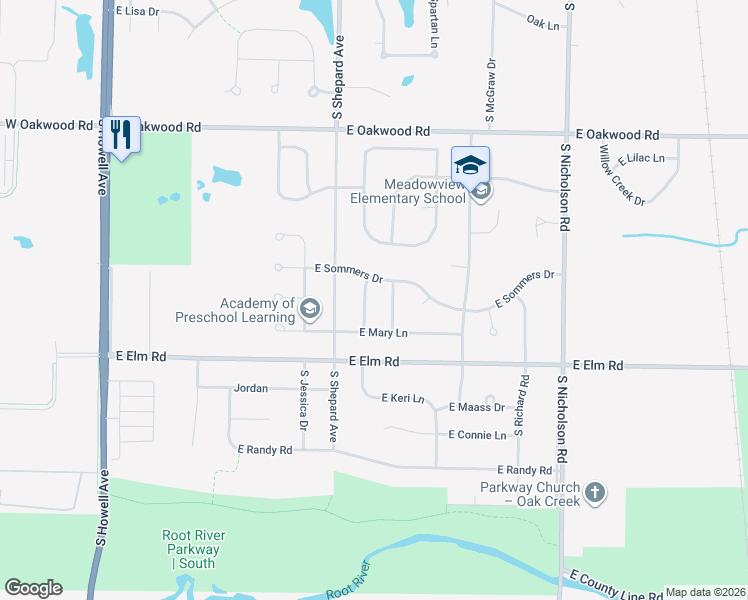 map of restaurants, bars, coffee shops, grocery stores, and more near 10601 South Peggy Drive in Oak Creek