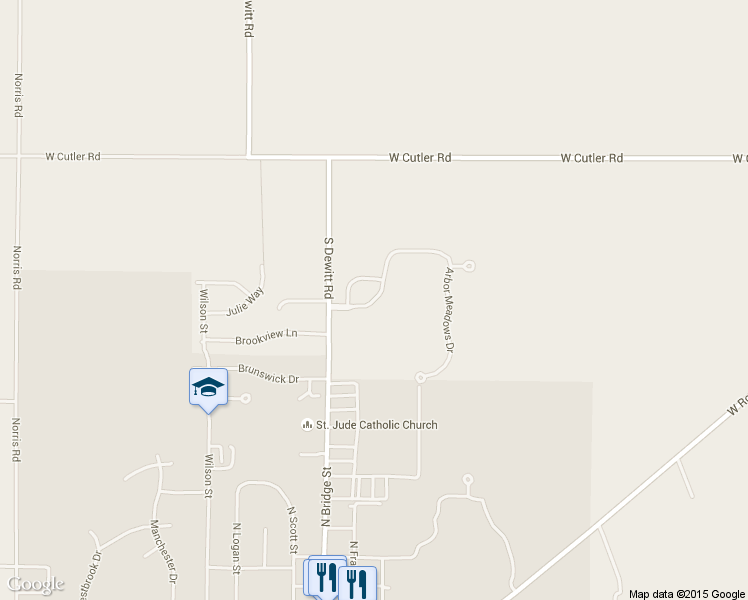 map of restaurants, bars, coffee shops, grocery stores, and more near Arbo Meadows Drive in DeWitt
