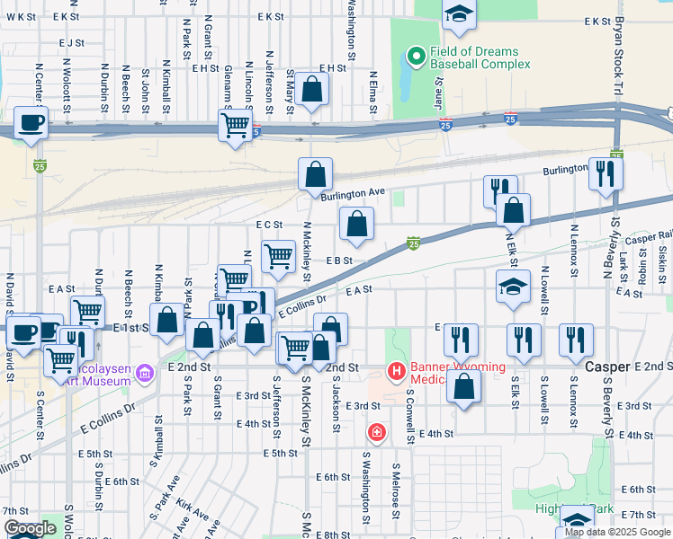 map of restaurants, bars, coffee shops, grocery stores, and more near 1105 East B Street in Casper