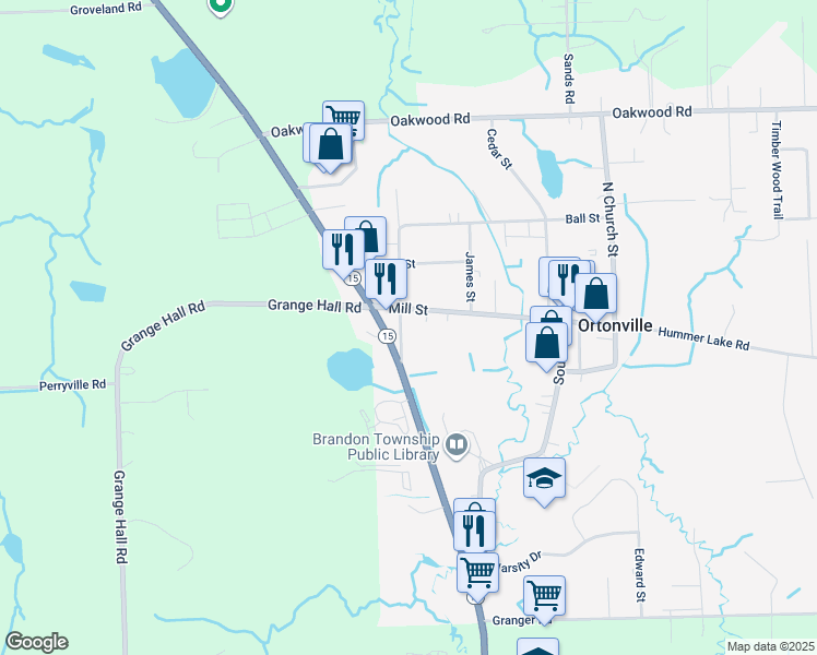 map of restaurants, bars, coffee shops, grocery stores, and more near 35 South Narrin Street in Ortonville