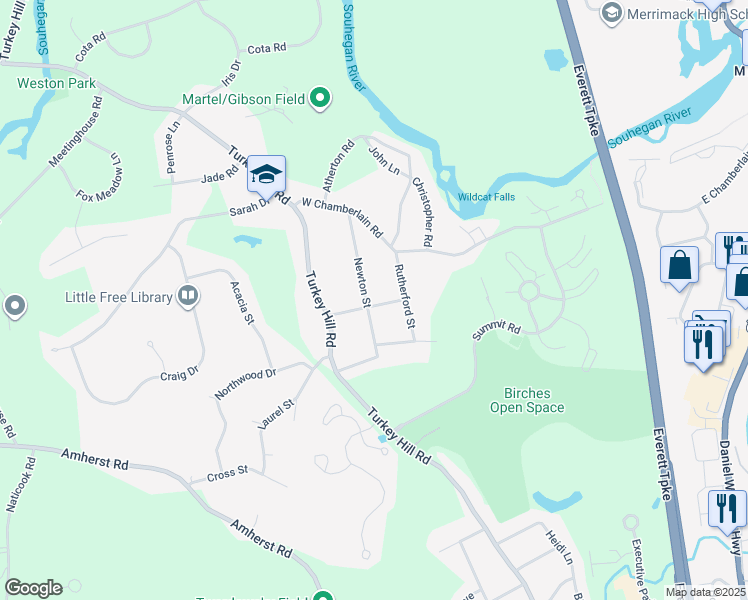 map of restaurants, bars, coffee shops, grocery stores, and more near 18 Newton Street in Merrimack