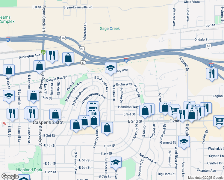 map of restaurants, bars, coffee shops, grocery stores, and more near 232 North Colorado Avenue in Casper