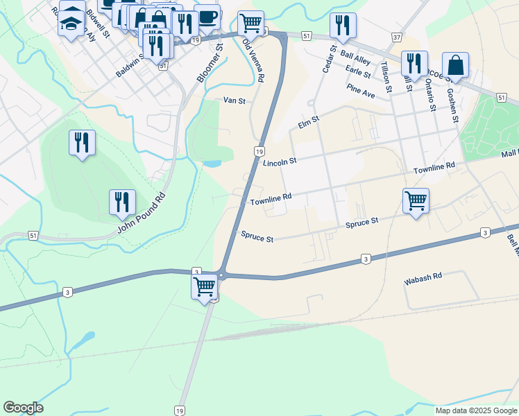 map of restaurants, bars, coffee shops, grocery stores, and more near 9 Townline Road in Tillsonburg