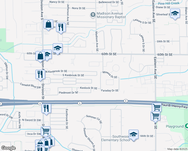 map of restaurants, bars, coffee shops, grocery stores, and more near 398 S Kenbrook Street Southeast in Grand Rapids