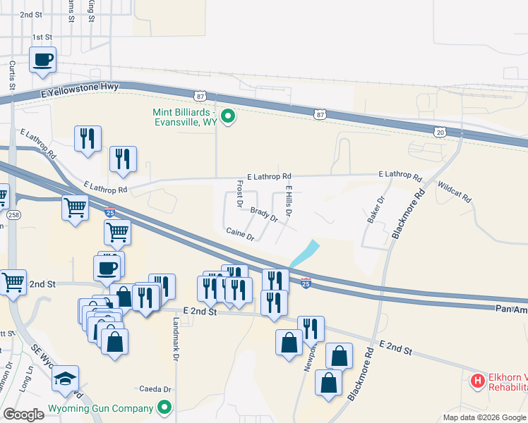 map of restaurants, bars, coffee shops, grocery stores, and more near 137 Brady Drive in Evansville