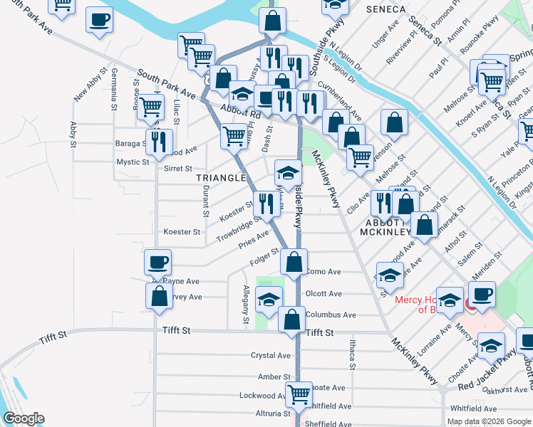 map of restaurants, bars, coffee shops, grocery stores, and more near South Park Avenue & Trowbridge Street in Buffalo