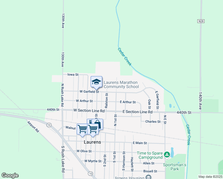 map of restaurants, bars, coffee shops, grocery stores, and more near 100-198 West Garfield Street in Laurens