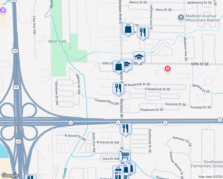 map of restaurants, bars, coffee shops, grocery stores, and more near 62 Peony Street Southwest in Grand Rapids