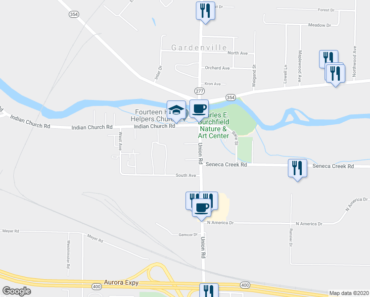 map of restaurants, bars, coffee shops, grocery stores, and more near 1 Doster Place in Buffalo