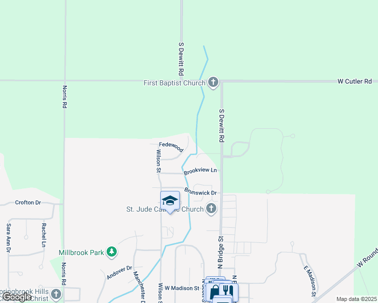 map of restaurants, bars, coffee shops, grocery stores, and more near 2485 Julie Way in DeWitt