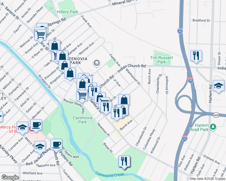 map of restaurants, bars, coffee shops, grocery stores, and more near 92 Duerstein Street in Buffalo