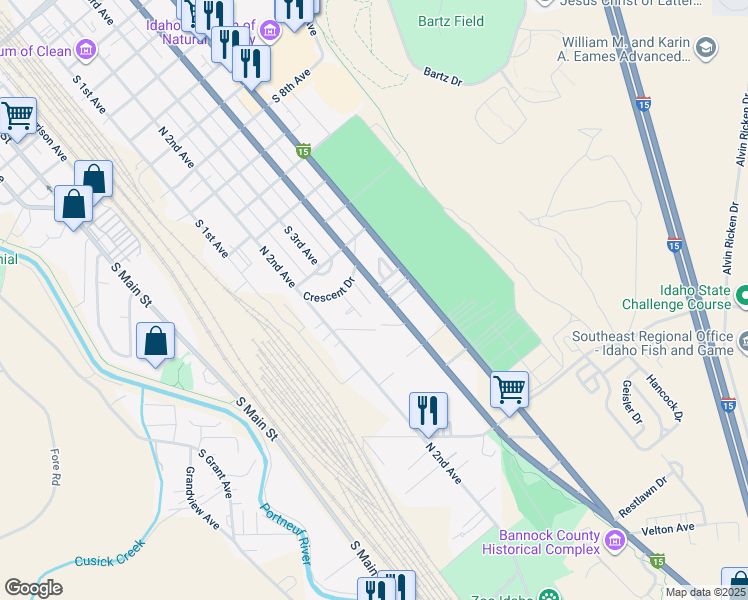 map of restaurants, bars, coffee shops, grocery stores, and more near 1856 South 3rd Avenue in Pocatello