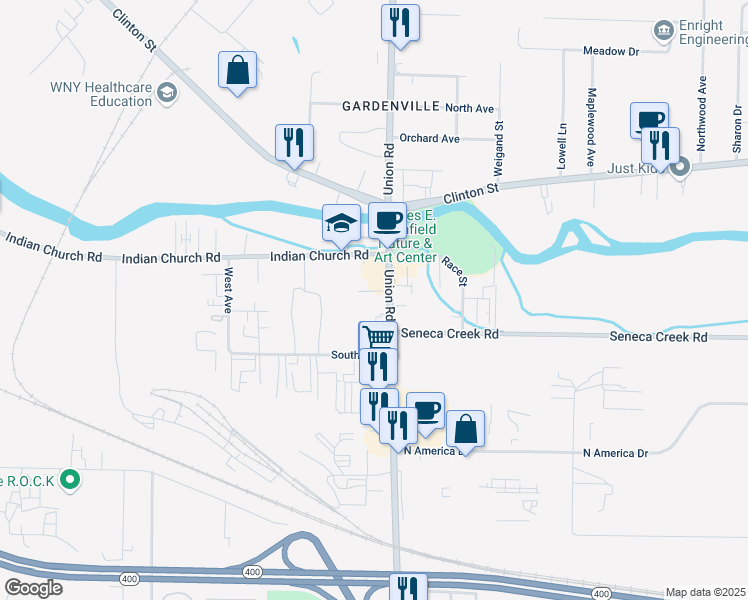 map of restaurants, bars, coffee shops, grocery stores, and more near 1 Doster Place in Buffalo