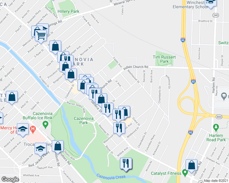 map of restaurants, bars, coffee shops, grocery stores, and more near 92 Duerstein Street in Buffalo
