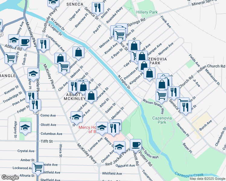 map of restaurants, bars, coffee shops, grocery stores, and more near 82 Athol Street in Buffalo