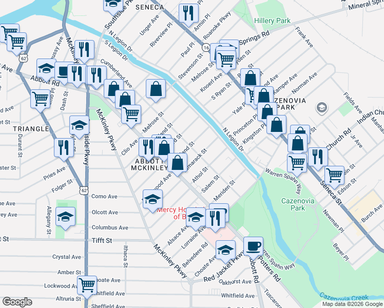 map of restaurants, bars, coffee shops, grocery stores, and more near 315 Cumberland Avenue in Buffalo