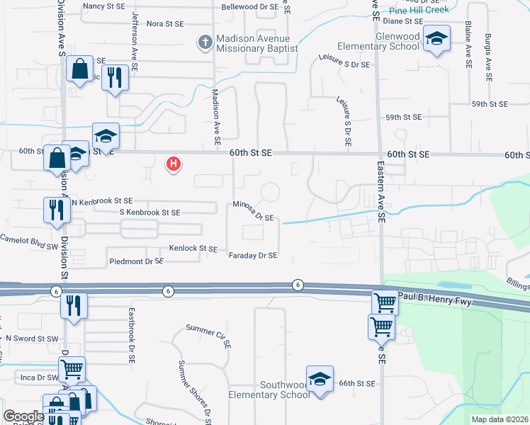 map of restaurants, bars, coffee shops, grocery stores, and more near 6170 Minosa Drive Southeast in Grand Rapids