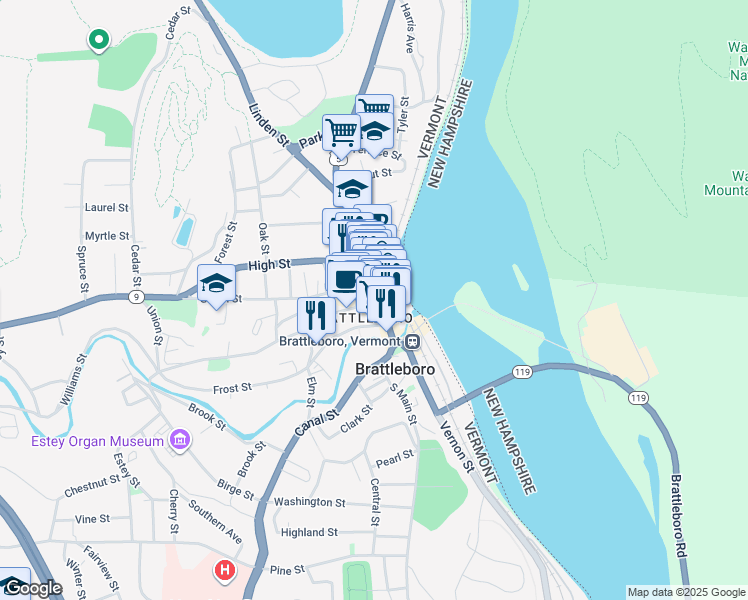 map of restaurants, bars, coffee shops, grocery stores, and more near 82 Main Street in Brattleboro