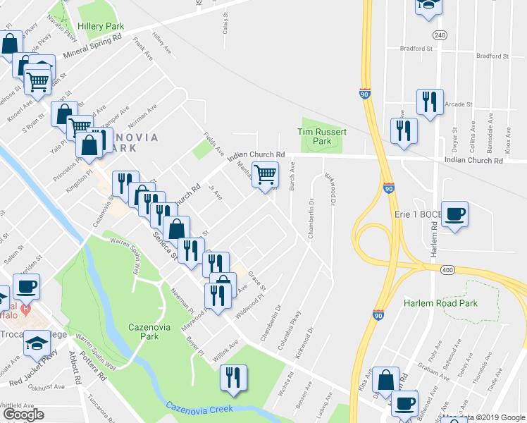 map of restaurants, bars, coffee shops, grocery stores, and more near 151 Edson Street in Buffalo