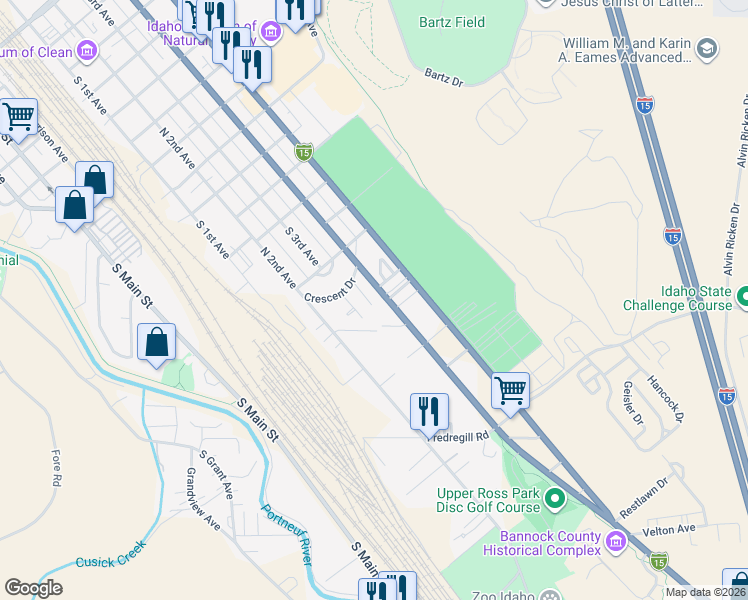 map of restaurants, bars, coffee shops, grocery stores, and more near 1856 South 3rd Avenue in Pocatello