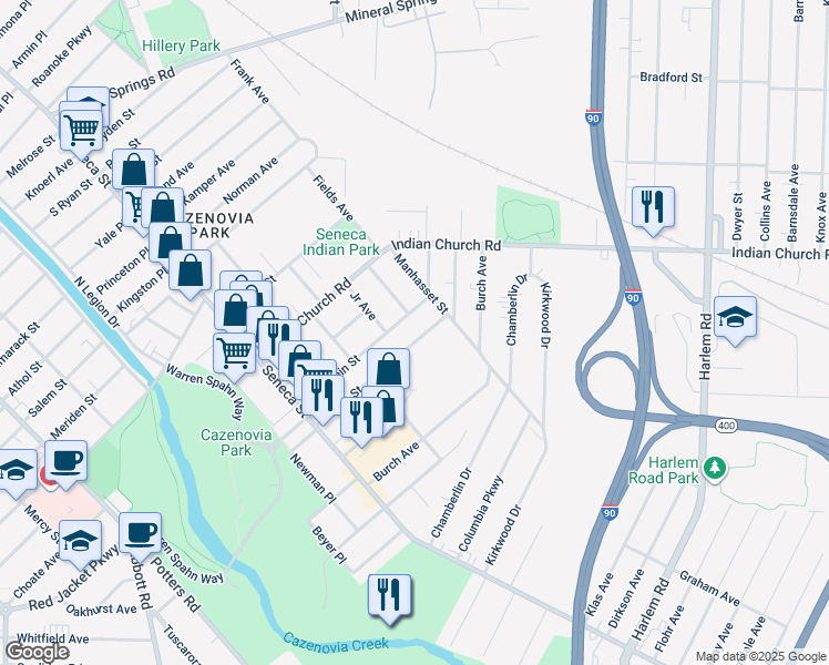 map of restaurants, bars, coffee shops, grocery stores, and more near 132 Edson Street in Buffalo