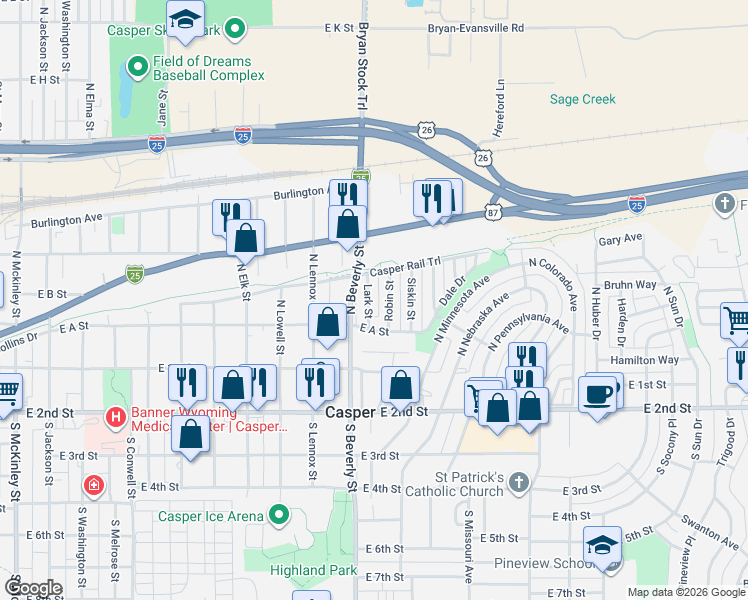 map of restaurants, bars, coffee shops, grocery stores, and more near 242 Lark Street in Casper