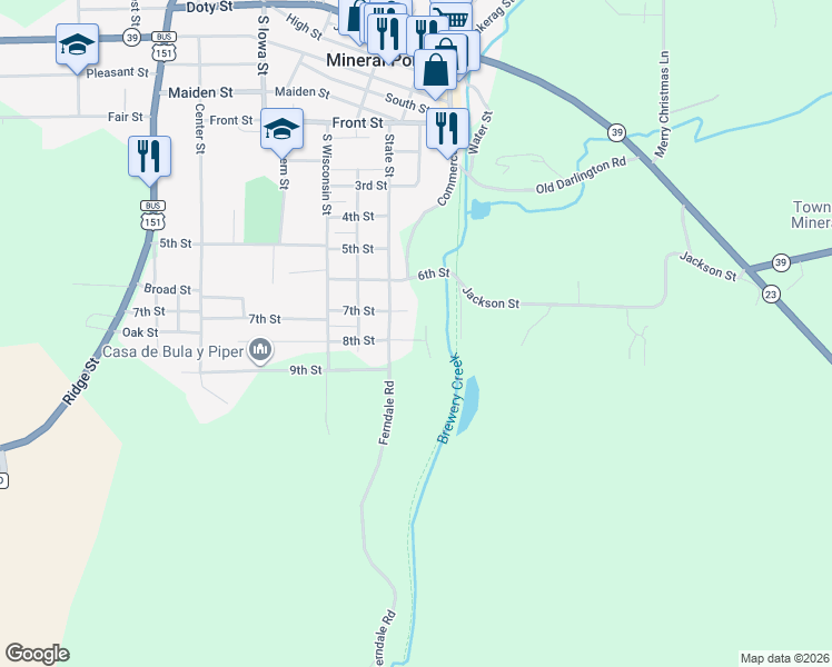 map of restaurants, bars, coffee shops, grocery stores, and more near 52 8th Street in Mineral Point