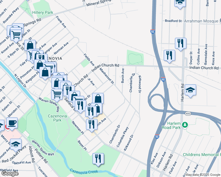map of restaurants, bars, coffee shops, grocery stores, and more near 151 Edson Street in West Seneca