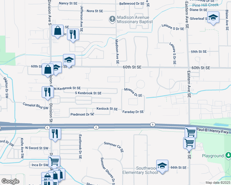 map of restaurants, bars, coffee shops, grocery stores, and more near 6199 N Kenbrook Street Southeast in Grand Rapids