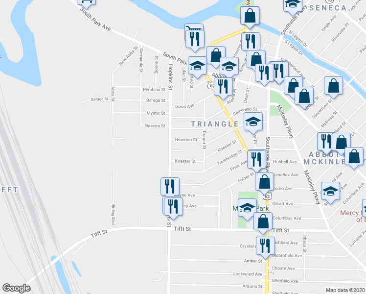 map of restaurants, bars, coffee shops, grocery stores, and more near 9 Osage Street in Buffalo