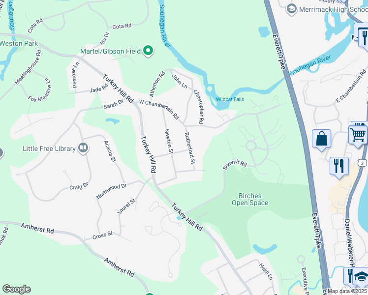map of restaurants, bars, coffee shops, grocery stores, and more near 18 Newton Street in Merrimack