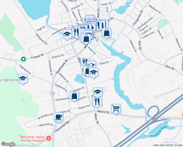 map of restaurants, bars, coffee shops, grocery stores, and more near 194r Main Street in Amesbury