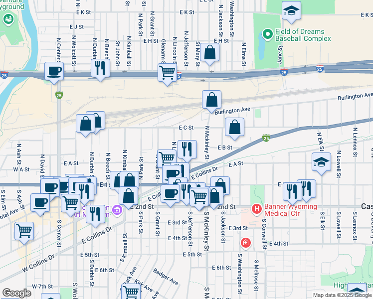 map of restaurants, bars, coffee shops, grocery stores, and more near 224 North Jefferson Street in Casper