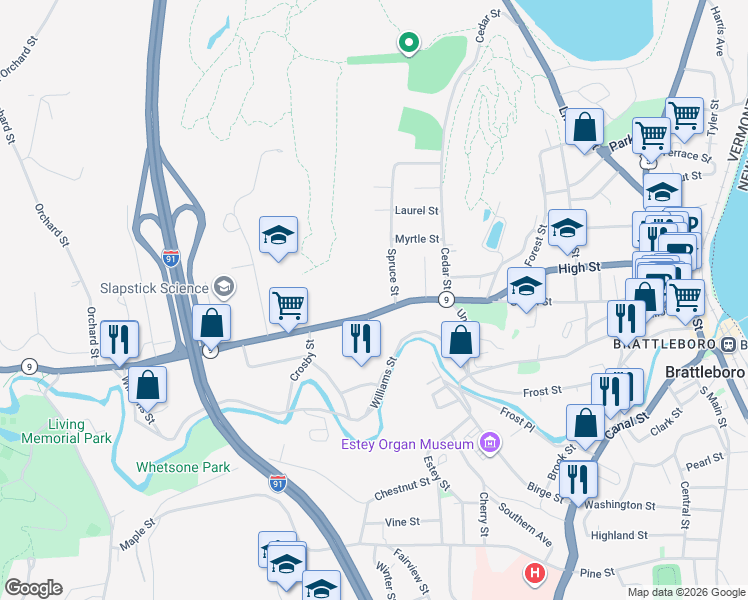 map of restaurants, bars, coffee shops, grocery stores, and more near 137 Vermont 9 in Brattleboro