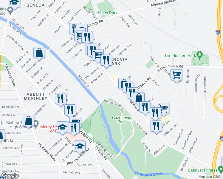 map of restaurants, bars, coffee shops, grocery stores, and more near 26 Seneca Parkside in Buffalo