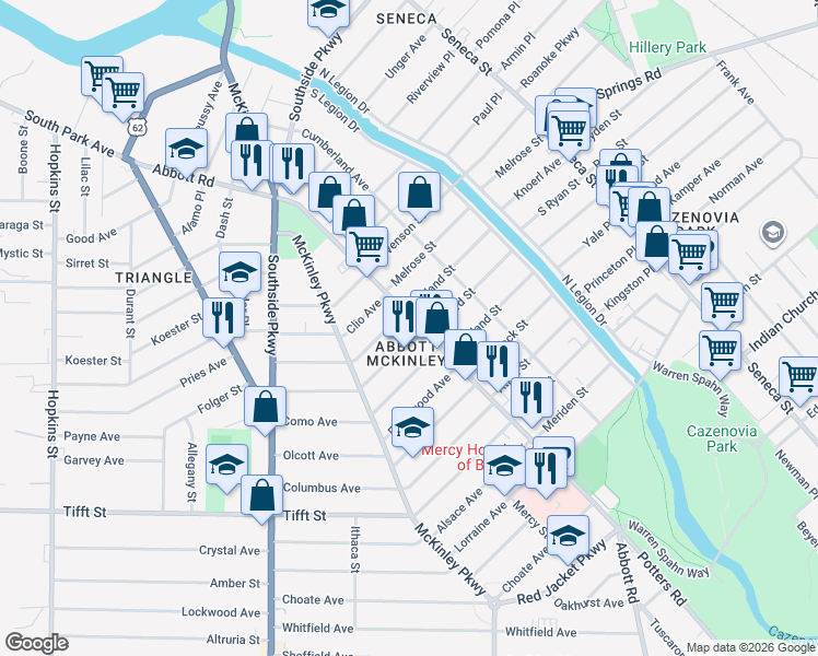 map of restaurants, bars, coffee shops, grocery stores, and more near in Buffalo