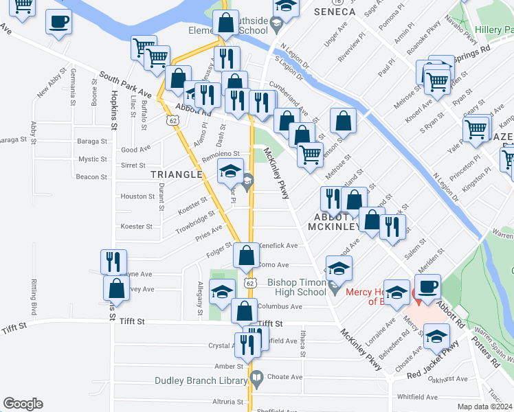 map of restaurants, bars, coffee shops, grocery stores, and more near 121 Southside Parkway in Buffalo